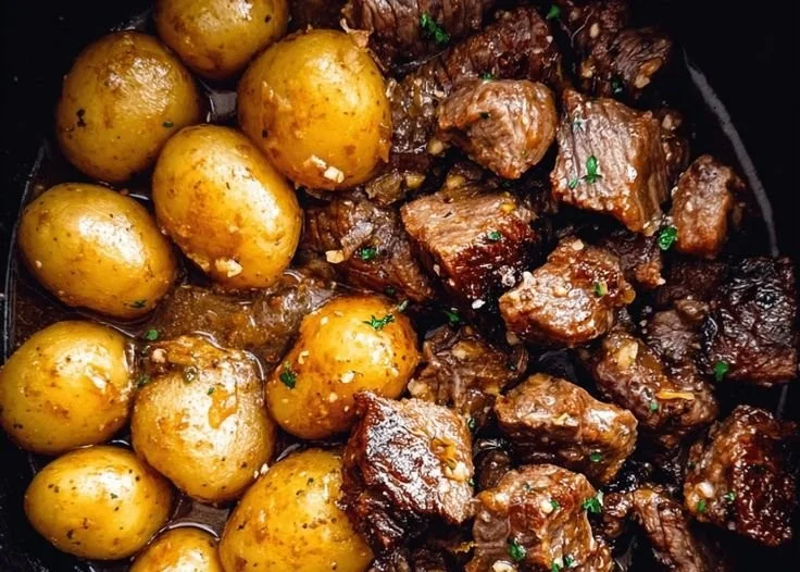 Beef bites in garlic butter served with soft potatoes on a plate