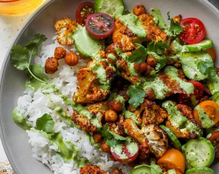 Delicious Cauliflower Shawarma Bowl garnished with fresh vegetables and sauce.