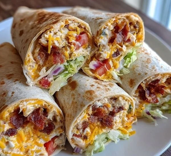 Delicious cheesy bacon ranch wraps on a wooden platter