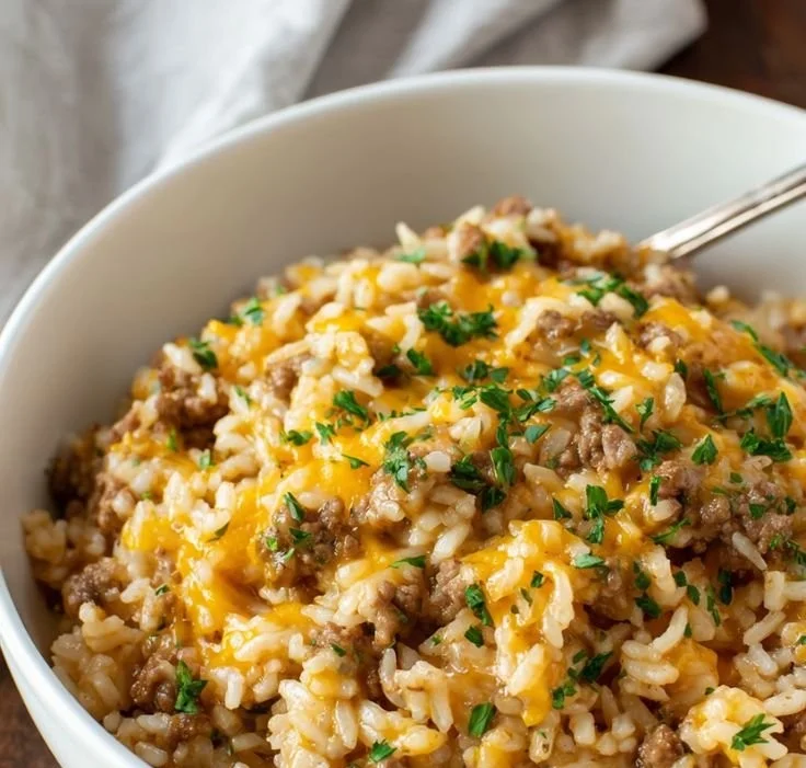 Cheesy Ground Beef and Rice Casserole served in a baking dish