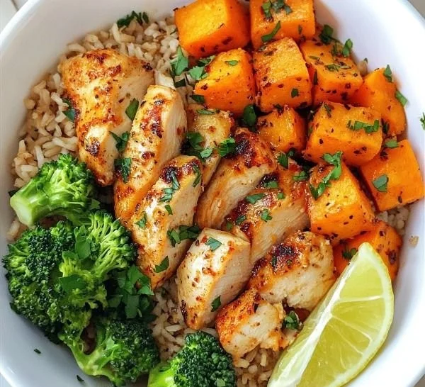 Delicious Chicken and Sweet Potato Rice Bowl recipe topped with fresh herbs