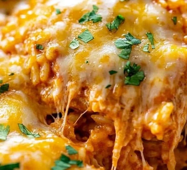 Delicious Chicken Enchilada Rice Casserole topped with cheese and fresh ingredients