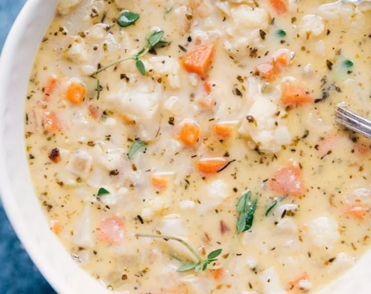 Delicious creamy cauliflower soup served in a bowl with toppings