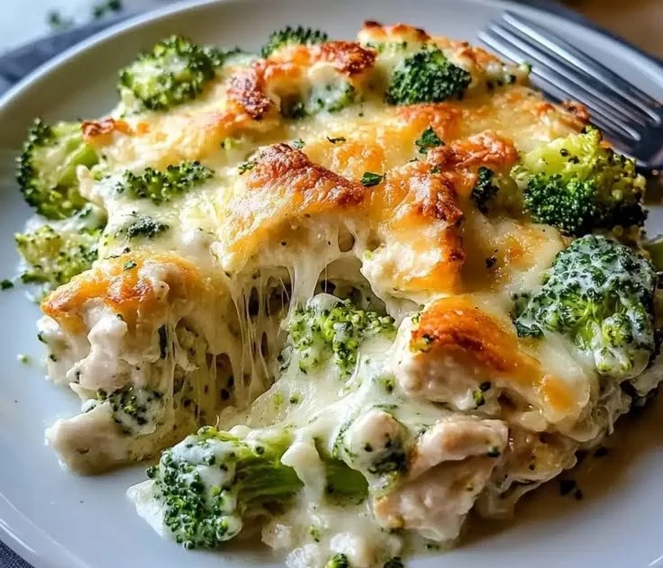 Creamy Keto Chicken Alfredo with Broccoli Bake served in a dish