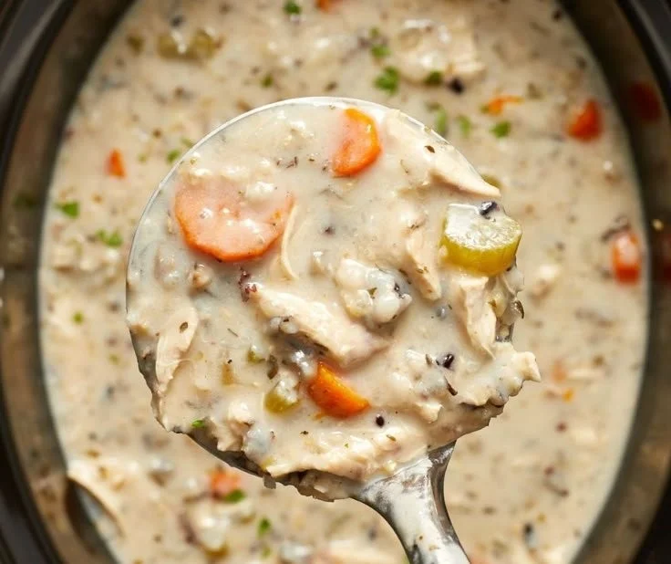 Crockpot Chicken and Wild Rice Soup in a bowl, garnished with herbs and served warm.