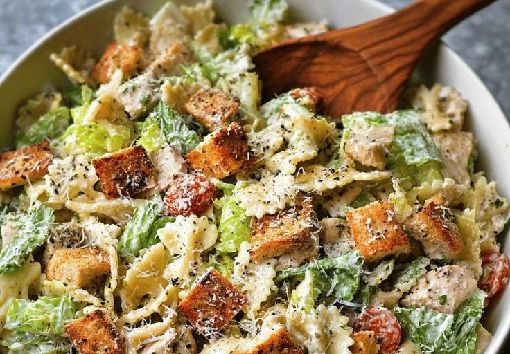 Bowl of easy Chicken Caesar Pasta Salad garnished with parmesan and croutons