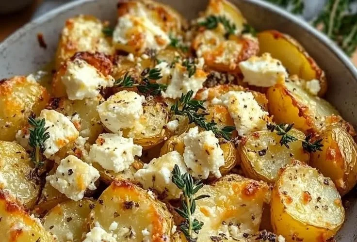 Roasted Greek feta potatoes seasoned with herbs and spices