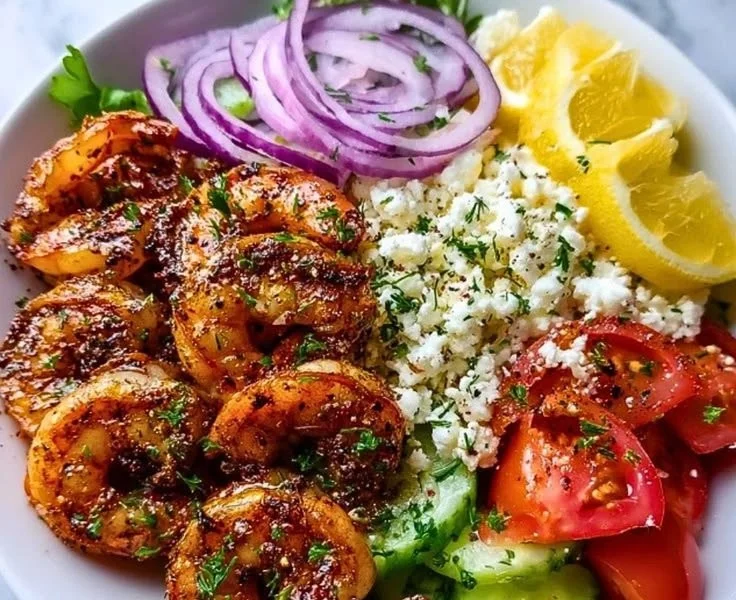 Greek Shrimp Mediterranean Bowl with fresh vegetables and herbs