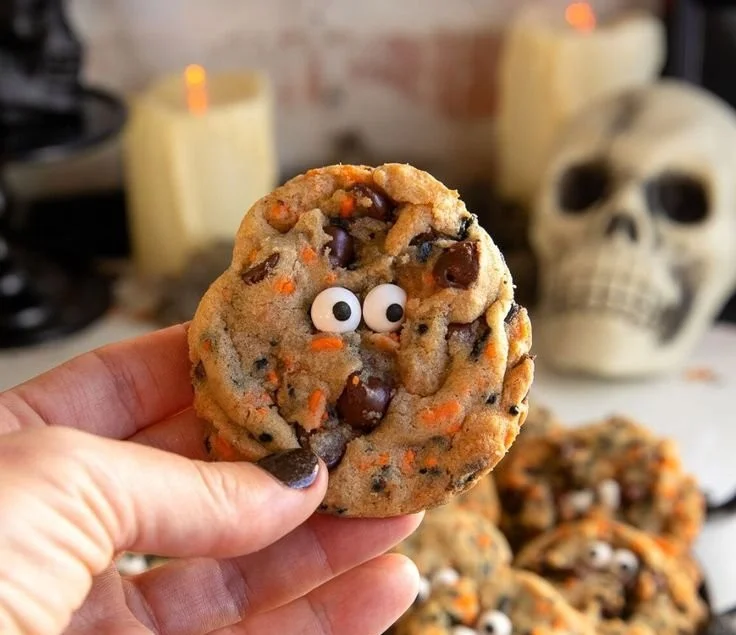 Halloween-themed chocolate chip cookies decorated with spooky designs