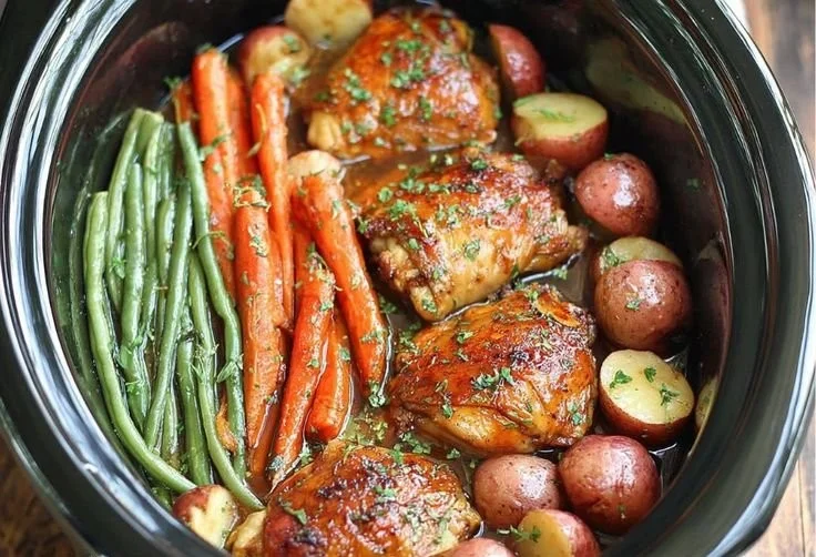 Honey garlic slow cooker chicken with colorful vegetables in a rustic bowl