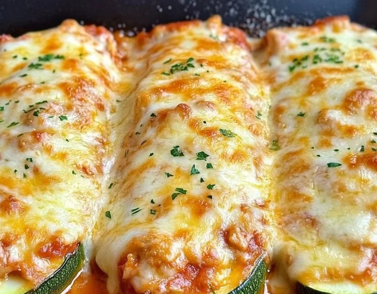 Keto Chicken Parmesan served in zucchini boats for a low-carb meal