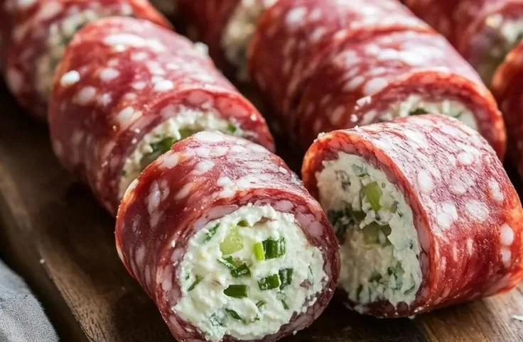 Keto Salami Roll-Ups on a wooden platter with fresh greens
