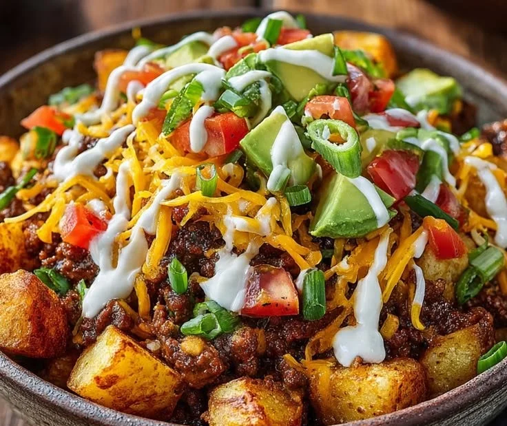 Loaded potato taco bowl with toppings, cheese, and fresh ingredients
