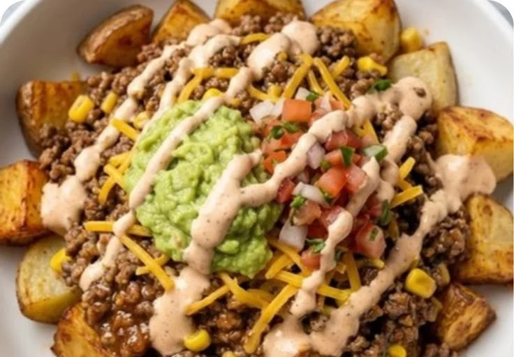 Loaded Potato Taco Bowl topped with fresh ingredients and served in a bowl