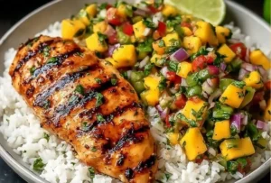 Mango Salsa Chicken drizzled with honey-lime glaze on a plate