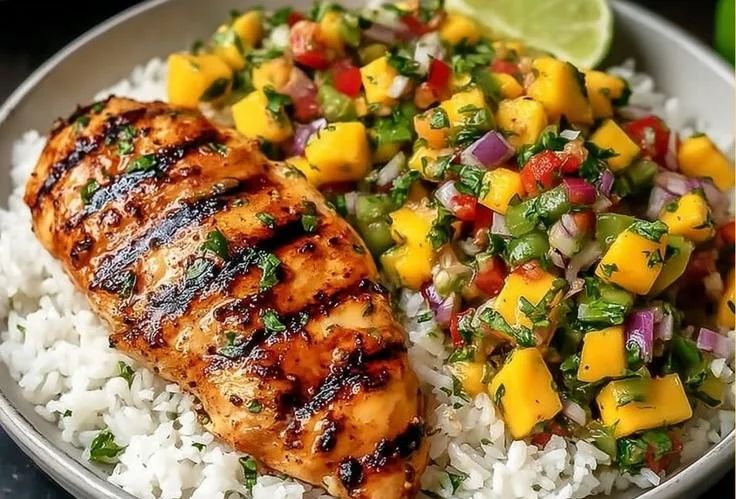 Mango Salsa Chicken drizzled with honey-lime glaze on a plate
