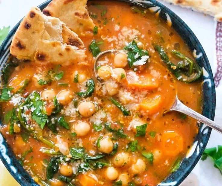Bowl of Mediterranean Soup made with fresh vegetables and herbs