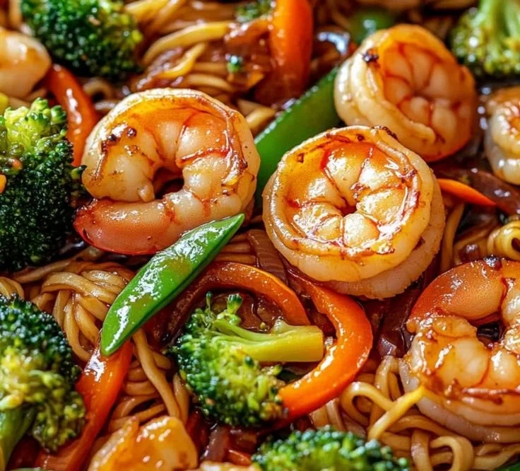 One-pan high-protein shrimp stir-fry with noodles ready to serve