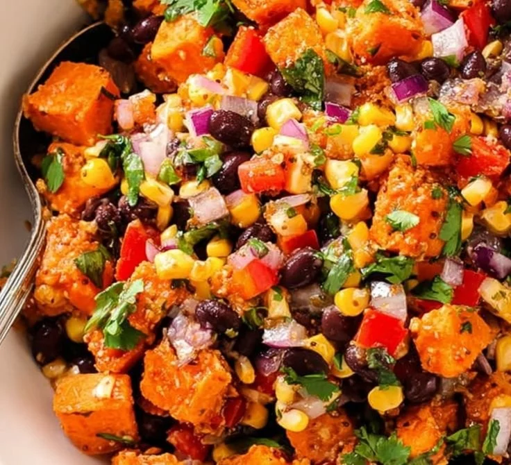 Delicious roasted sweet potato and black bean salad served in a bowl