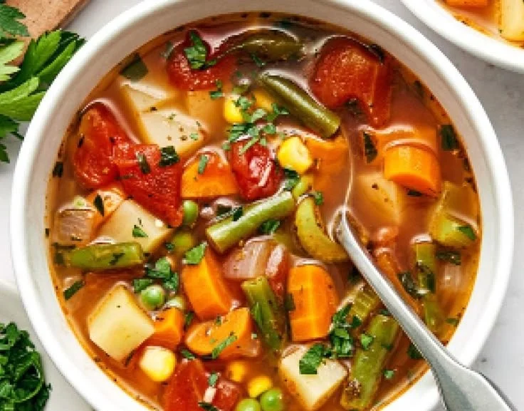 Bowl of simple vegetable soup with fresh vegetables and herbs