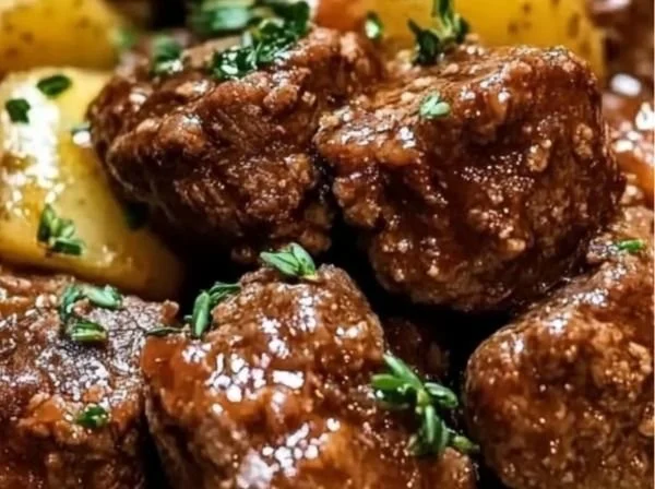 Slow cooker garlic butter beef and potatoes dish ready to serve